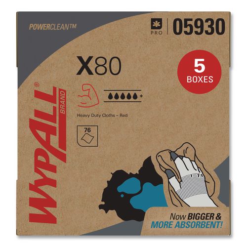 Image of WypAll® 05930 Power Clean X80 Heavy Duty Cloths, HYDROKNIT, POP-UP Box, 8.34 x 16.8, Red, 76/Box, 5 Box/Carton