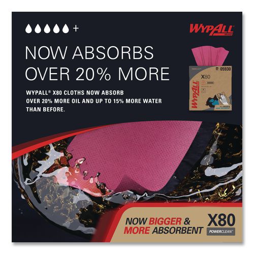 Image of WypAll® 05930 Power Clean X80 Heavy Duty Cloths, HYDROKNIT, POP-UP Box, 8.34 x 16.8, Red, 76/Box, 5 Box/Carton