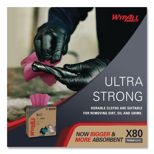 Image of WypAll® 05930 Power Clean X80 Heavy Duty Cloths, HYDROKNIT, POP-UP Box, 8.34 x 16.8, Red, 76/Box, 5 Box/Carton