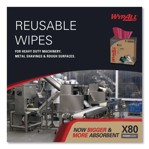 Image of WypAll® 05930 Power Clean X80 Heavy Duty Cloths, HYDROKNIT, POP-UP Box, 8.34 x 16.8, Red, 76/Box, 5 Box/Carton