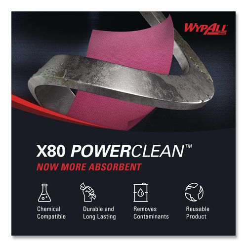 Image of WypAll® 05930 Power Clean X80 Heavy Duty Cloths, HYDROKNIT, POP-UP Box, 8.34 x 16.8, Red, 76/Box, 5 Box/Carton