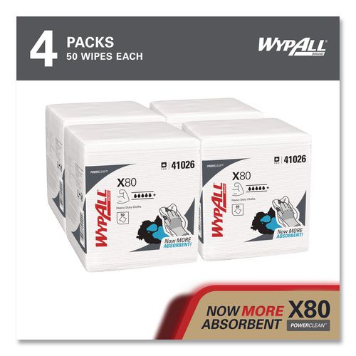 Image of WypAll® 41026 Power Clean X80 Heavy Duty Cloths, 1/4 Fold, 12.5 x 12, White, 50/Box, 4 Boxes/Carton