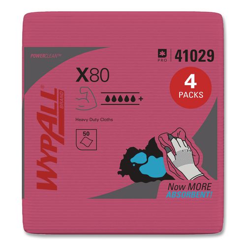 Image of WypAll® 41029 Power Clean X80 Heavy Duty Cloths, 12.5 x 12, Red, 50/Box, 4 Boxes/Carton