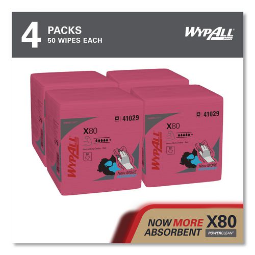 Image of WypAll® 41029 Power Clean X80 Heavy Duty Cloths, 12.5 x 12, Red, 50/Box, 4 Boxes/Carton