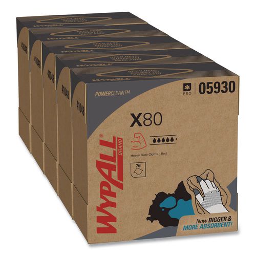 Image of WypAll® 05930 Power Clean X80 Heavy Duty Cloths, HYDROKNIT, POP-UP Box, 8.34 x 16.8, Red, 76/Box, 5 Box/Carton