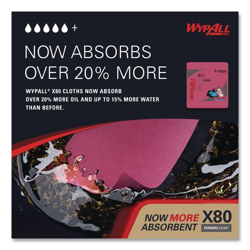 Image of WypAll® 41029 Power Clean X80 Heavy Duty Cloths, 12.5 x 12, Red, 50/Box, 4 Boxes/Carton