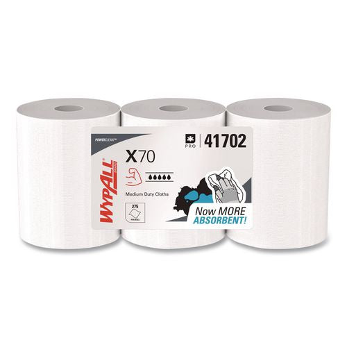 Image of WypAll® 41702 X70 Cloths, Center-Pull, 9.8 x 12.2, White, 275/Roll, 3 Rolls/Carton