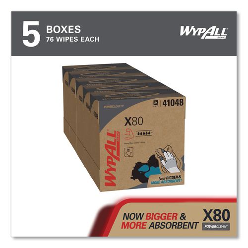 Image of WypAll® 41048 Power Clean X80 Cloths, HYDROKNIT, POP-UP Box, 8.34 x 16.8, White, 76/Box, 5 Boxes/Carton