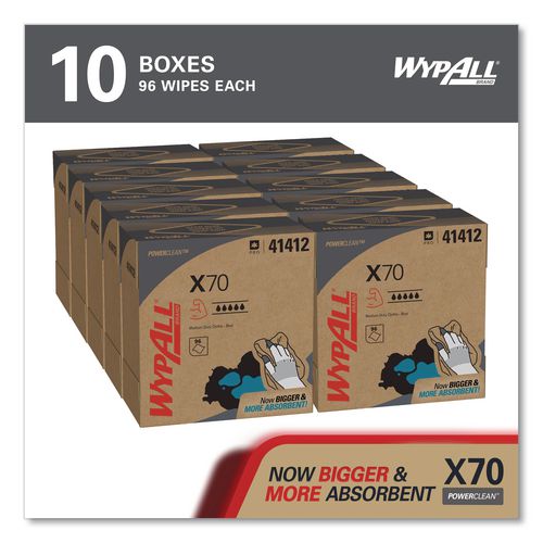Image of WypAll® 41412 X70 Cloths, POP-UP Box, 9.13 x 16.8, Blue, 96/Box, 10 Boxes/Carton
