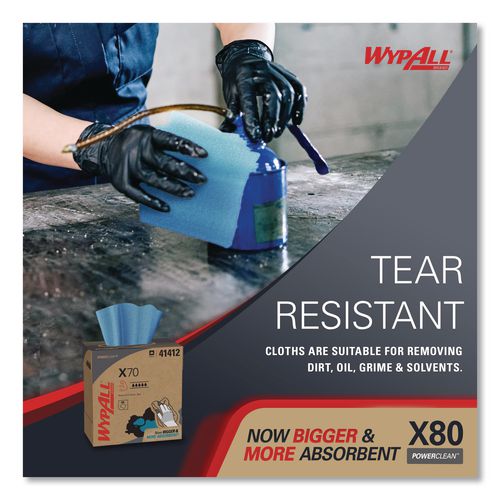 Image of WypAll® 41412 X70 Cloths, POP-UP Box, 9.13 x 16.8, Blue, 96/Box, 10 Boxes/Carton