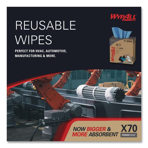 Image of WypAll® 41412 X70 Cloths, POP-UP Box, 9.13 x 16.8, Blue, 96/Box, 10 Boxes/Carton