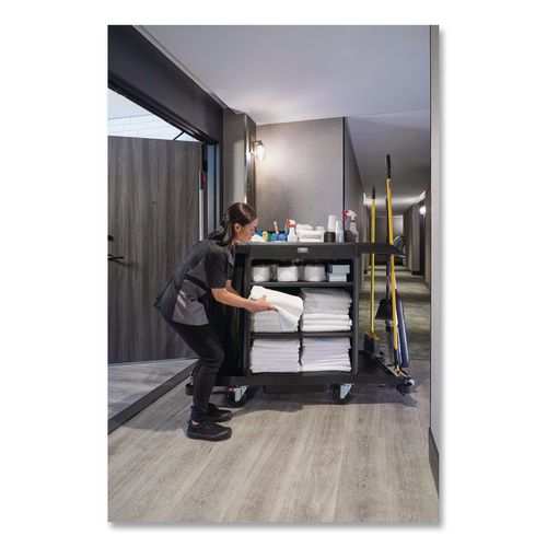 Image of Rubbermaid® Commercial 2202581 Full-Size Housekeeping Cart, Plastic, 3 Shelves, 1 Bin, 24.4 x 62.4 x 49, Black