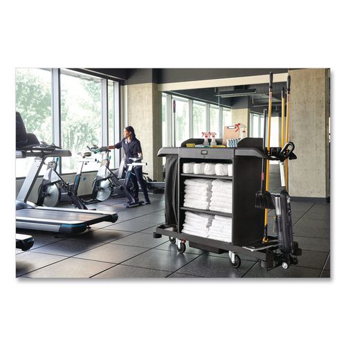 Image of Rubbermaid® Commercial 2202581 Full-Size Housekeeping Cart, Plastic, 3 Shelves, 1 Bin, 24.4 x 62.4 x 49, Black