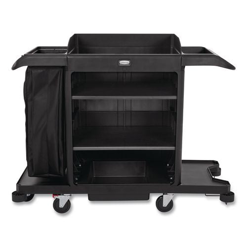Image of Rubbermaid® Commercial 2202581 Full-Size Housekeeping Cart, Plastic, 3 Shelves, 1 Bin, 24.4 x 62.4 x 49, Black