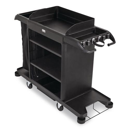 Image of Rubbermaid® Commercial 2202581 Full-Size Housekeeping Cart, Plastic, 3 Shelves, 1 Bin, 24.4 x 62.4 x 49, Black