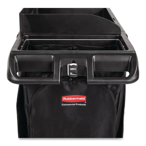 Image of Rubbermaid® Commercial 2202581 Full-Size Housekeeping Cart, Plastic, 3 Shelves, 1 Bin, 24.4 x 62.4 x 49, Black