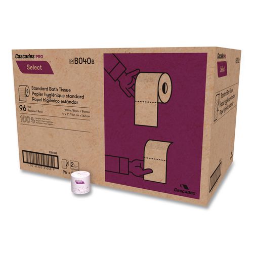 Image of Cascades PRO B040 Select Standard Bath Tissue, Septic Safe, 2-Ply, White, 4 x 3.19, 500 Sheets/Roll, 96 Rolls/Carton