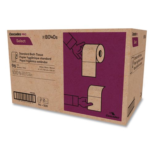 Image of Cascades PRO B040 Select Standard Bath Tissue, Septic Safe, 2-Ply, White, 4 x 3.19, 500 Sheets/Roll, 96 Rolls/Carton