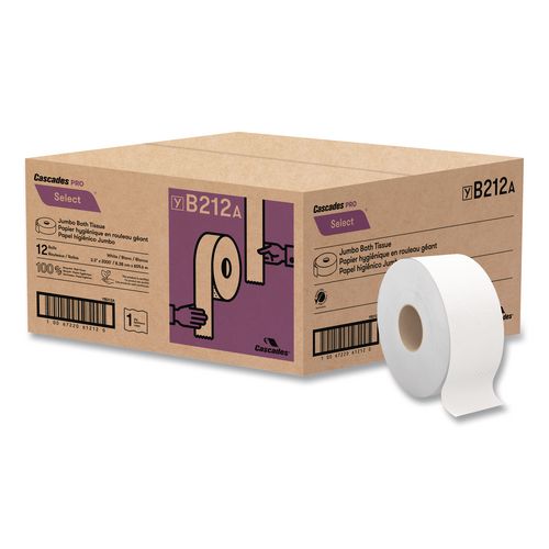 Image of Cascades PRO B212 Select Jumbo Bath Tissue, Septic Safe, 1-Ply, 3.3" x 2,000 ft, White, 12 Rolls/Carton