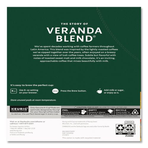 Image of Starbucks® 12434950 Veranda Blend Coffee K-Cups, 24/box, 4 Box/carton