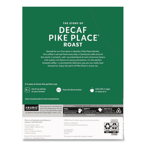 Image of Starbucks® 12434952 Pike Place Decaf Coffee K-Cups Pack, 24/box