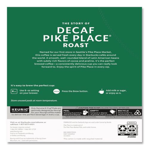 Image of Starbucks® 12434952 Pike Place Decaf Coffee K-Cups, 96/carton