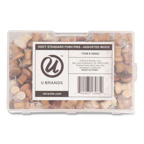 Image of U Brands 3085U06-24 Fashion Push Pins, Wood, Assorted, 0.38", 100/Pack