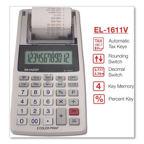 Image of Sharp® EL1611V EL-1611V Printing Calculator, Black/Red Print, 2 Lines/Sec