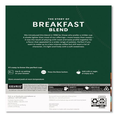 Image of Starbucks® 12433992 Breakfast Blend Coffee K-Cups, 96/carton
