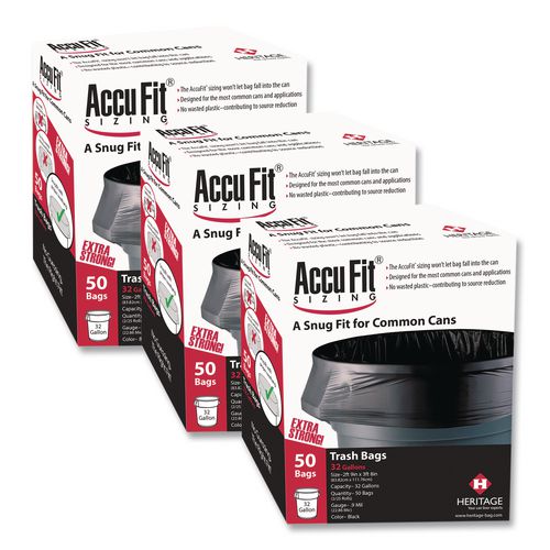 Image of AccuFit® H8053PK RC1 Linear Low Density Can Liners with AccuFit Sizing, 55 gal, 1.3 mil, 40" x 53", Black, 50 Bags/Box, 3 Boxes/Carton