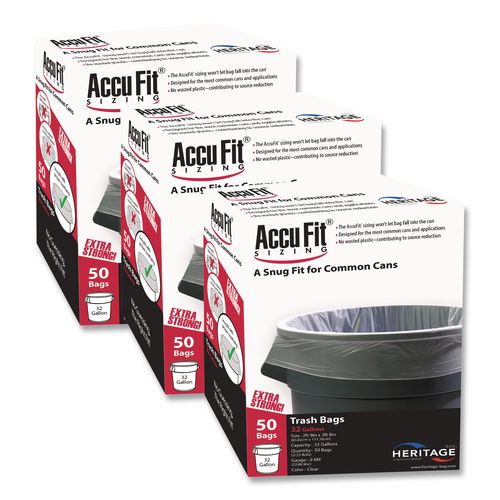 Image of AccuFit® H8053TC RC1 Linear Low Density Can Liners with AccuFit Sizing, 55 gal, 0.9 mil, 40" x 53", Clear, 50 Bags/Box, 3 Boxes/Carton