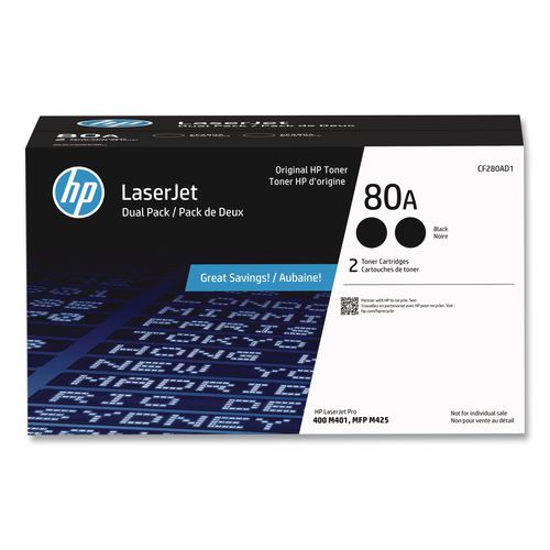 Image of HP CF280AD1 HP 80a, (cf280a-D) 2-Pack Black Original Laserjet Toner Cartridges