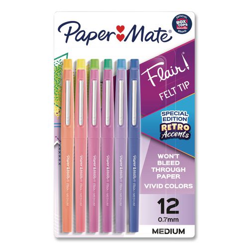 Image of Paper Mate® 2097886 Flair Felt Tip Porous Point Pen, Retro Accents, Stick, Medium 0.7mm, Randomly Assorted Ink, Randomly Assorted Barrel, 12/Pack