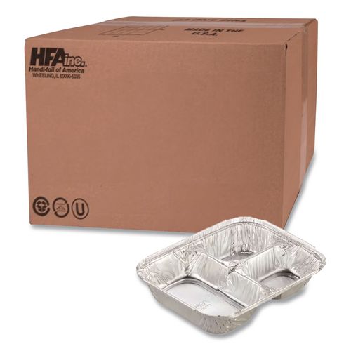 Image of HFA® 2045-35-250W Aluminum Oblong Container with Lid, 3 Compartments, 24 oz, 8.5 x 6.38 x 1.47, Silver, 250/Carton