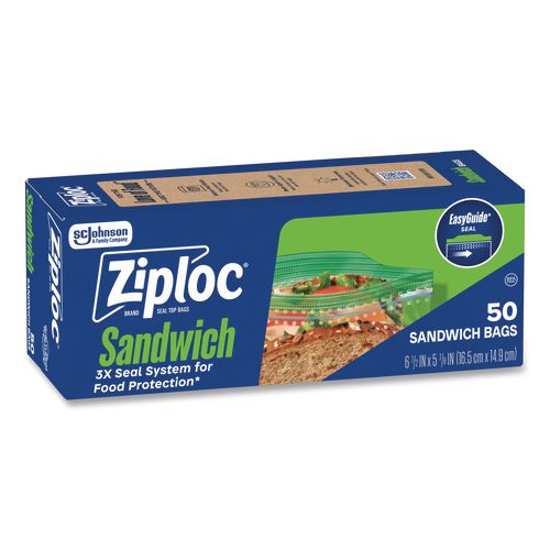 Image of Ziploc® 383179 Resealable Sandwich Bags, 6.5" x 5.88", Clear, 50 Bags/Box, 12 Boxes/Carton