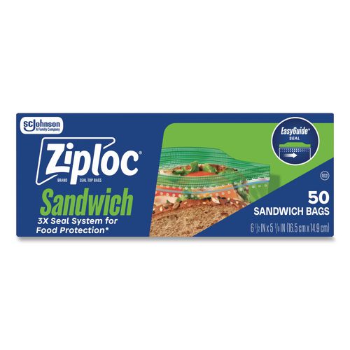 Image of Ziploc® 383179 Resealable Sandwich Bags, 6.5" x 5.88", Clear, 50 Bags/Box, 12 Boxes/Carton
