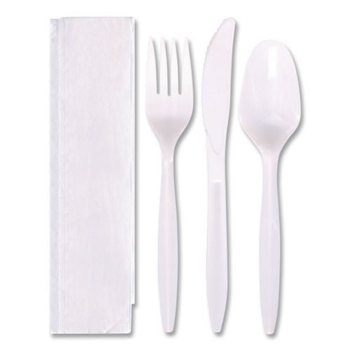 Image of Hoffmaster® 117799 Economy Cutlery Kit, Fork/Knife/Napkin/Spoon, Plastic, White, 250/Carton