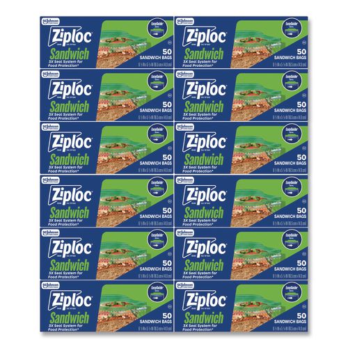 Image of Ziploc® 383179 Resealable Sandwich Bags, 6.5" x 5.88", Clear, 50 Bags/Box, 12 Boxes/Carton