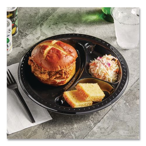 Image of Chinet® 81430 Heavyweight Plastic 3-Compartment Plates, 10.25" dia, Black, 125/Pack, 4 Packs/Carton
