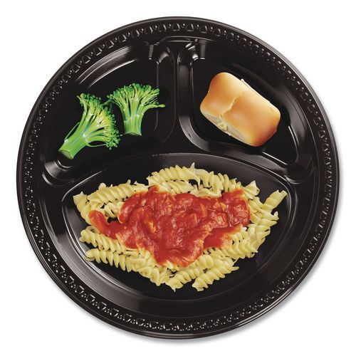 Image of Chinet® 81430 Heavyweight Plastic 3-Compartment Plates, 10.25" dia, Black, 125/Pack, 4 Packs/Carton