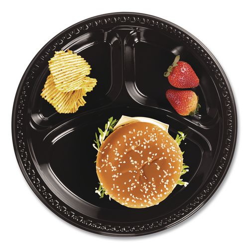 Image of Chinet® 81430 Heavyweight Plastic 3-Compartment Plates, 10.25" dia, Black, 125/Pack, 4 Packs/Carton