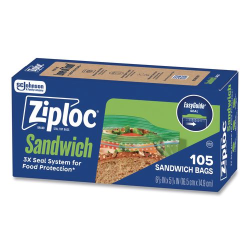 Image of Ziploc® 383211 Resealable Sandwich Bags, 6.5" x 5.88", Clear, 105 Bags/Box, 12 Boxes/Carton