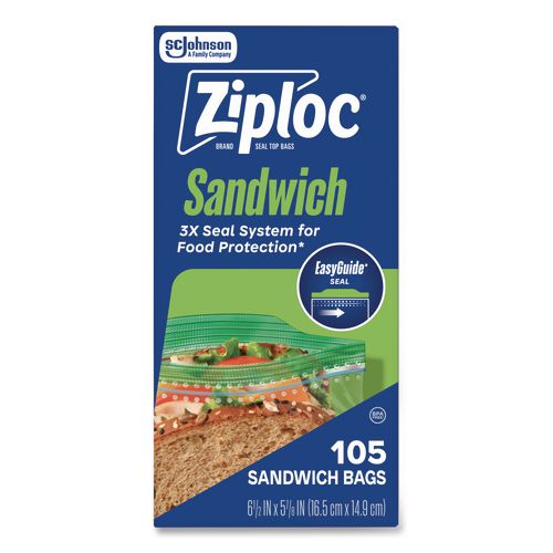 Image of Ziploc® 383211 Resealable Sandwich Bags, 6.5" x 5.88", Clear, 105 Bags/Box, 12 Boxes/Carton