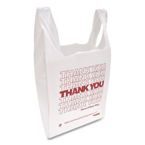 Image of Inteplast Group THW2VAL HDPE T-Shirt Bags, Thank You - Have a Nice Day Labeling, Cut-Out Handles, 12" x 7" x 23", White/Red, 500/Carton