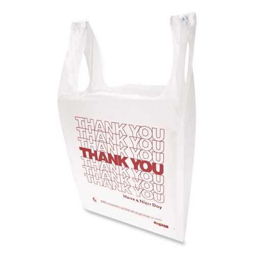 Image of Inteplast Group THW2VAL HDPE T-Shirt Bags, Thank You - Have a Nice Day Labeling, Cut-Out Handles, 12" x 7" x 23", White/Red, 500/Carton