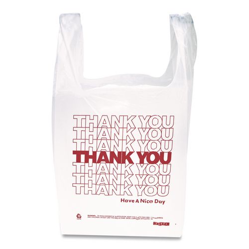 Image of Inteplast Group THW2VAL HDPE T-Shirt Bags, Thank You - Have a Nice Day Labeling, Cut-Out Handles, 12" x 7" x 23", White/Red, 500/Carton