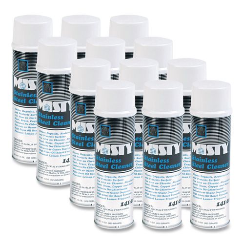 Image of Misty® 1001541 Stainless Steel Cleaner And Polish, Lemon Scent, 15 Oz Aerosol Spray, 12/carton