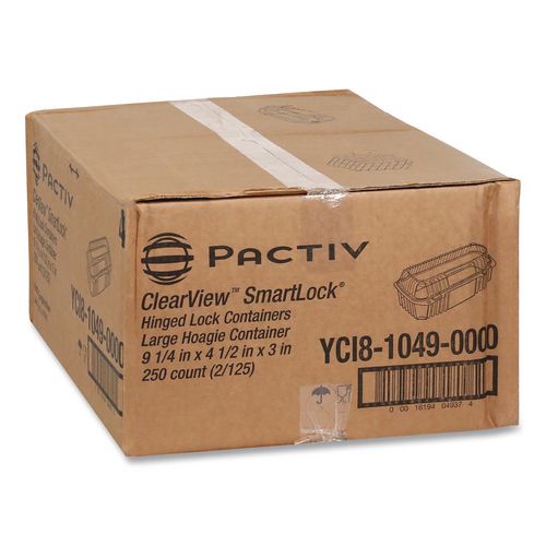 Image of Pactiv Evergreen YCI810490000 ClearView SmartLock Hinged Lid Container, Hoagie Container, 27 oz, 9.3 x 4.5 x 3, Clear, Plastic, 250/Carton