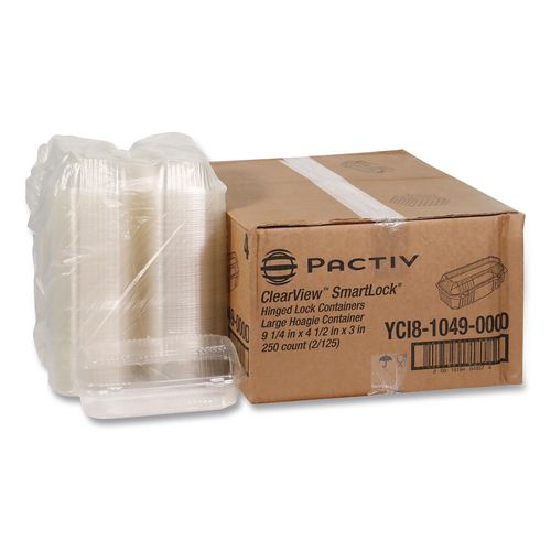 Image of Pactiv Evergreen YCI810490000 ClearView SmartLock Hinged Lid Container, Hoagie Container, 27 oz, 9.3 x 4.5 x 3, Clear, Plastic, 250/Carton