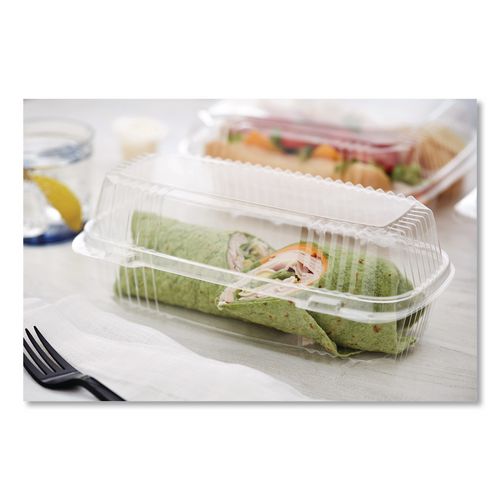 Image of Pactiv Evergreen YCI810490000 ClearView SmartLock Hinged Lid Container, Hoagie Container, 27 oz, 9.3 x 4.5 x 3, Clear, Plastic, 250/Carton